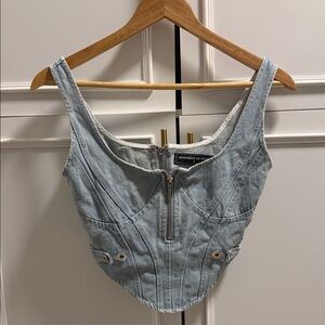 Maniere De Voir Light Blue Denim Zip Crop Top